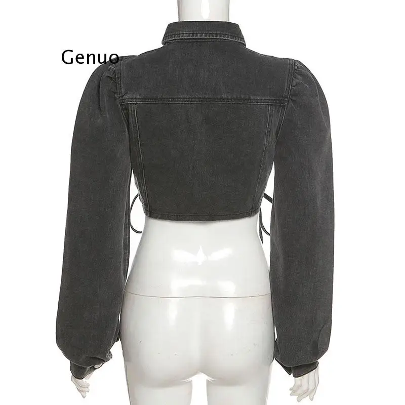 Женская джинсовая куртка на пуговицах плиссированная в уличном стиле завязках