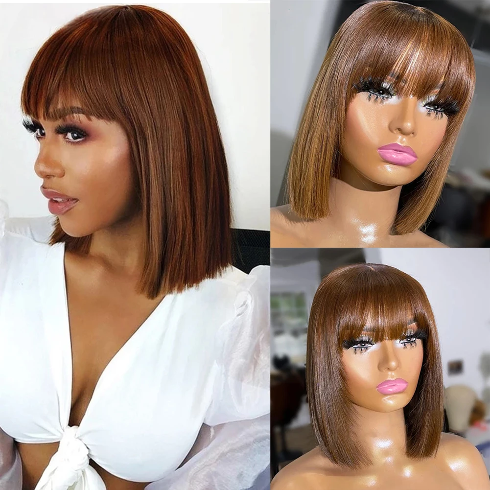 

Парик с коричневыми прямыми короткими волосами, парик из человеческих волос с челкой, прямые парики из человеческих волос для женщин, парик ...