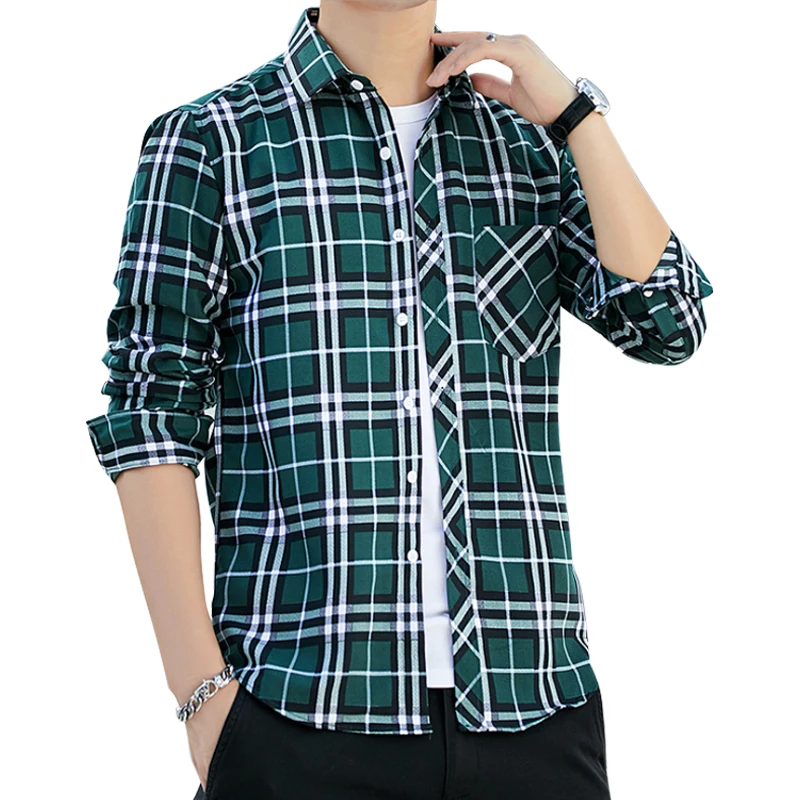 

2021 Men Plaid Striped Shirt Spring Fashion Casual Contrast Color Chest Pocket High Quality Long Sleeve Streetwear Tops