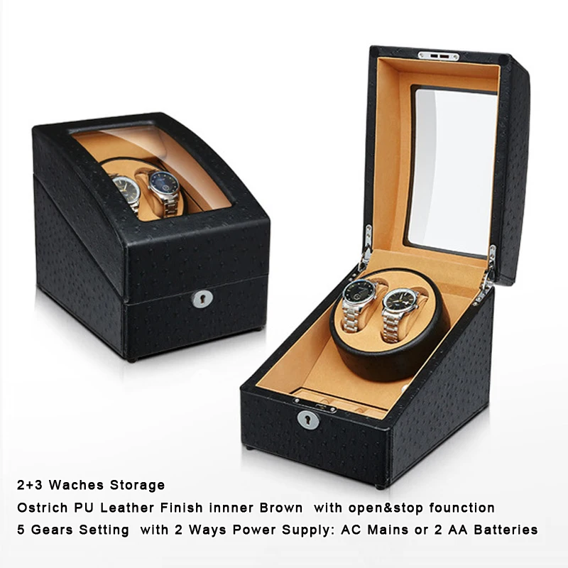 

2+3 Ostrich PU Leather Finish 2 Watches Winder for automatic watches single Wooden Watch Box Watches Storage case