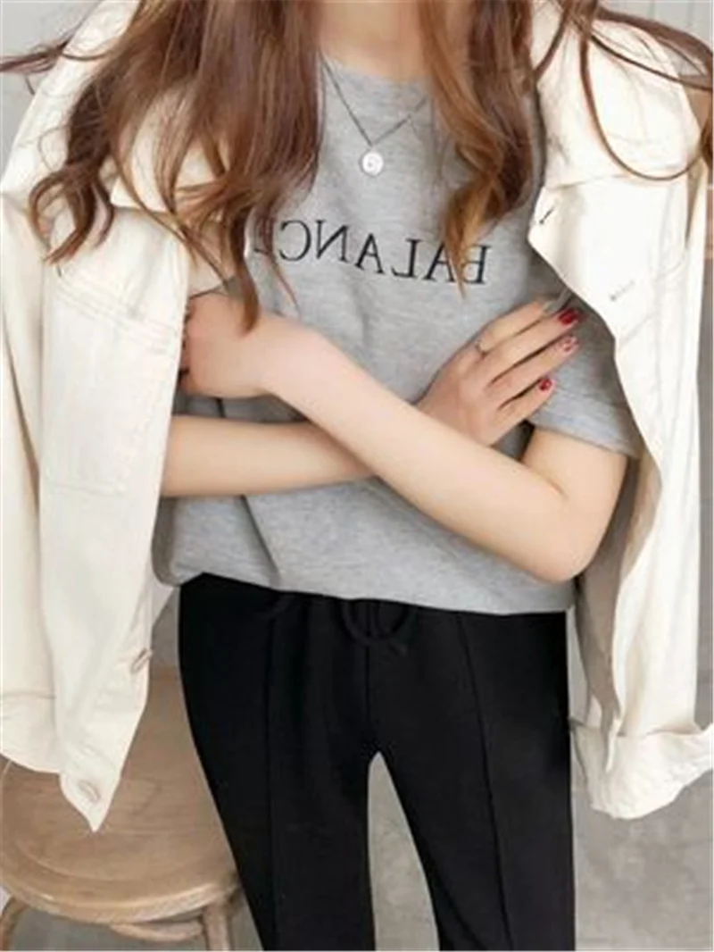 

Qooth Multi-color Letter Printing Short-sleeved T-shirt Women Spring Summer All Match Tops O-Neck Solid Causal T-shirt QT697