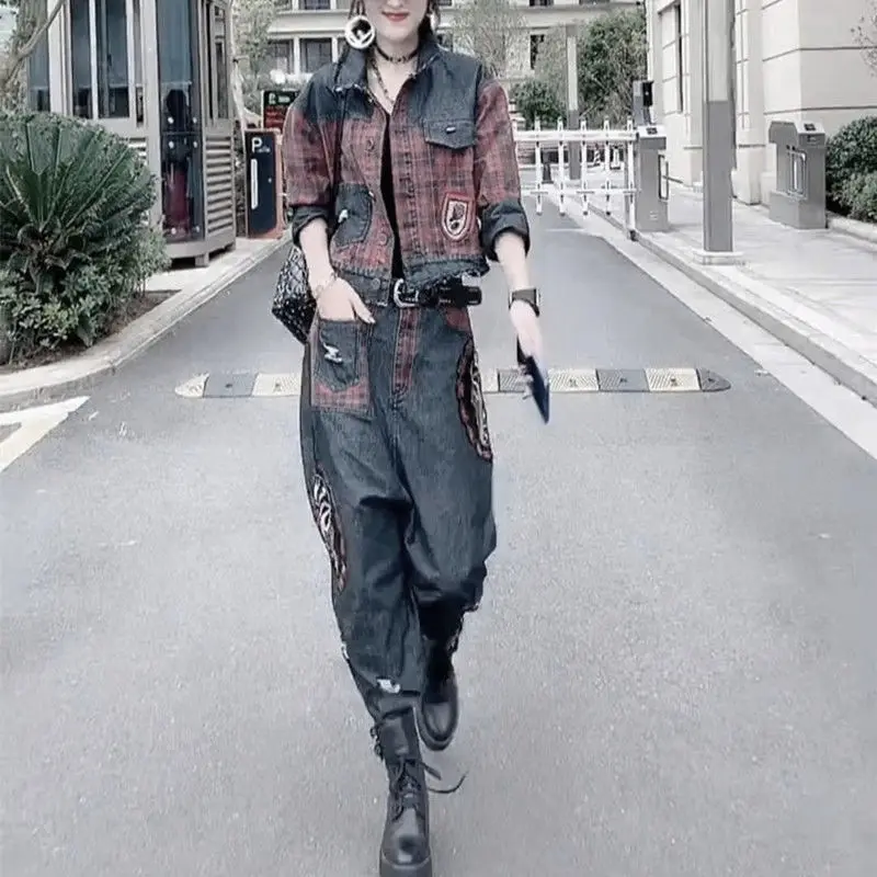 Женский Повседневный костюм-двойка Свободное пальто в клетку с принтом из