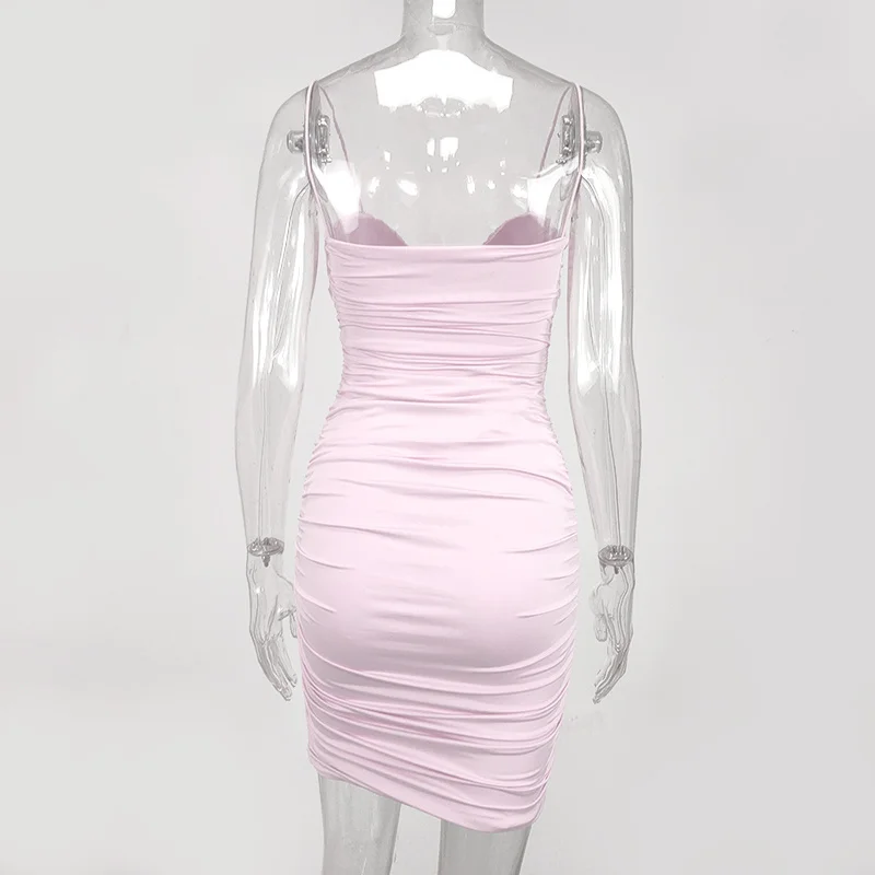

Double Layers Summer Dress Padded Bra Spaghetti Strap Backless Sexy Dress Women Ruched Elastic Bodycon Dresses Vestidos