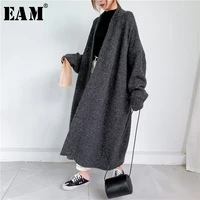 eam gray big size thick knitting cardigan sweater loose fit v neck long sleeve women new fashion tide autumn winter 2021 1y163