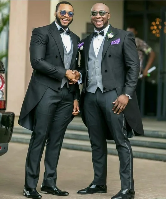 

Latest Design Black Tailcoat Style Groom Tuxedos Peak Satin Lapel Men Suits Wedding Best Man 3 Pieces( Jacket+Pants+Vest+Tie)