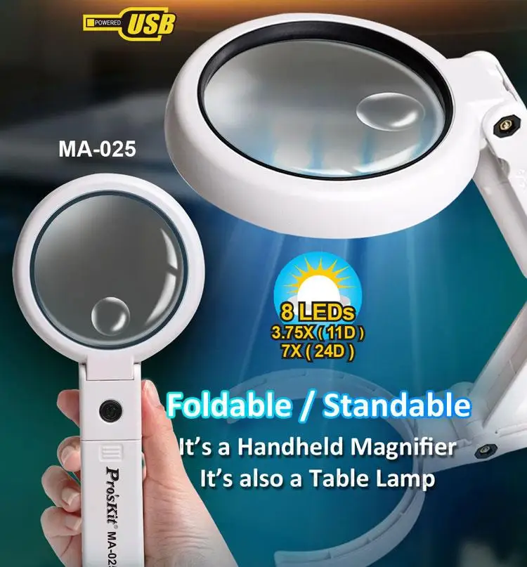 Proskit MA-025 foldable 3.75X 7X Magnifying Lamp handheld Magnify Glass Desk Lamp 8 LED light USB-powered Lamp Tool for repair