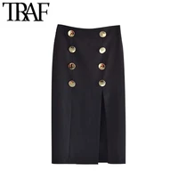 traf women chic fashion with buttoned front slit midi pencil skirt vintage high waist back zipper female skirts mujer