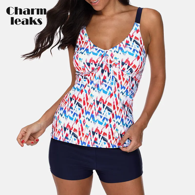 Charmleaks Retro Floral Print Tankini Set High Waist Swimsuit Swimwear Women Tankini Vintage Bikini Set Bathing Suit Bikini - Цвет: Wav