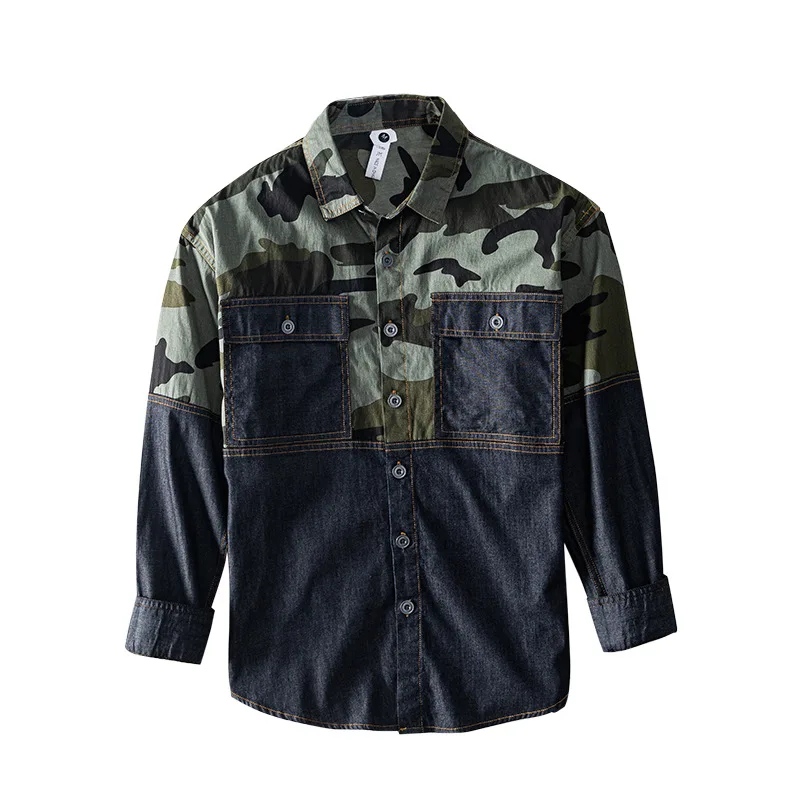 

Spring Autumn Denim Shirt Men Camoufalge Patchwork Color Long Sleeve Mens Shirt Korean Fashion Streetwear Pure Cotton Men Tops
