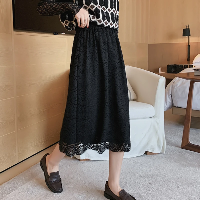 Миди кружевные юбки с высокой талией весна-осень корейский стиль элегантные