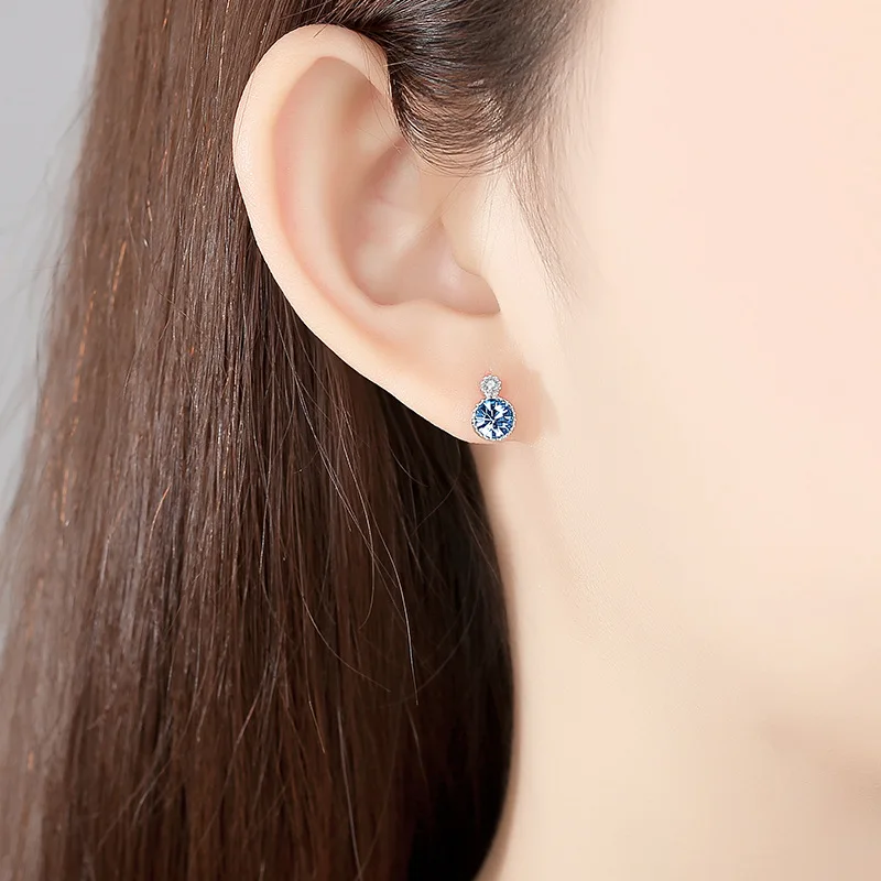 

Korean Heart of the Sea Gemstone Earrings for Women Fashion 925 Sterling Silver Geometry Crystal Stud Earrings Female Jewelry