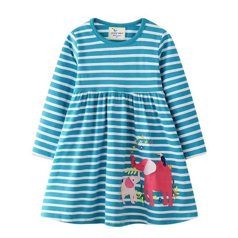 

New Princess Stripe Girls Dresses Elephant Applique For Spring Autumn Baby Clothing Long Sleeve Dresses Kids Girls