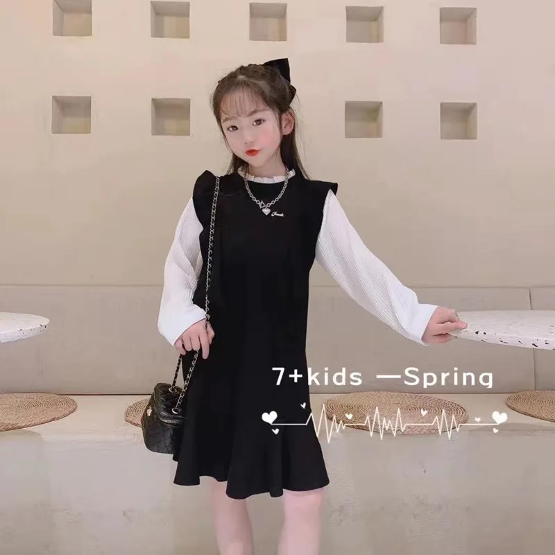 

Girls stitching dress 2021 spring new children's western style fake two-piece long-sleeved casual dress