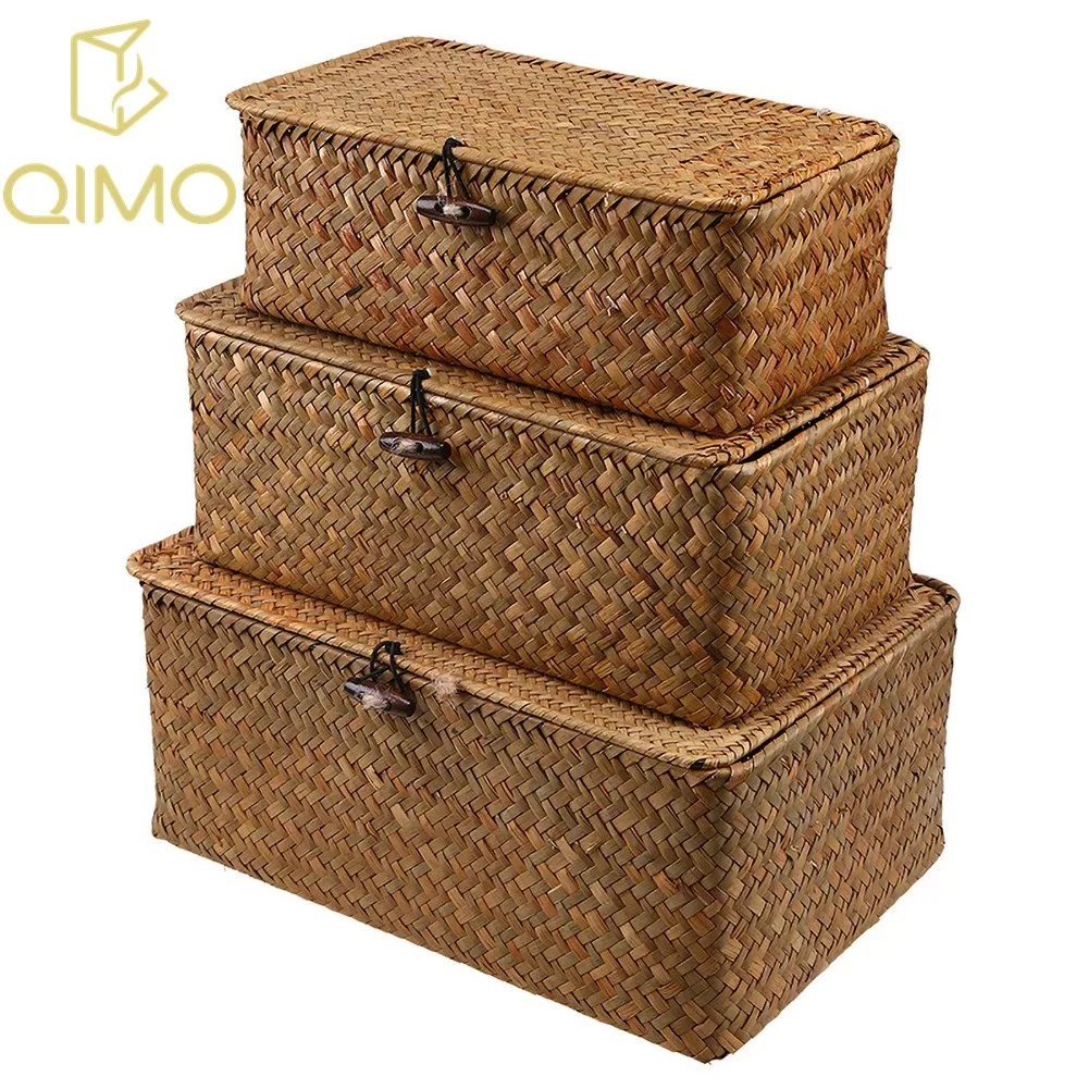 

1 PC Weed Environmentally Natural Color Hand Weaving Rattan Storage Baskets Box Cosmetic Product Clothing Storage Baskets