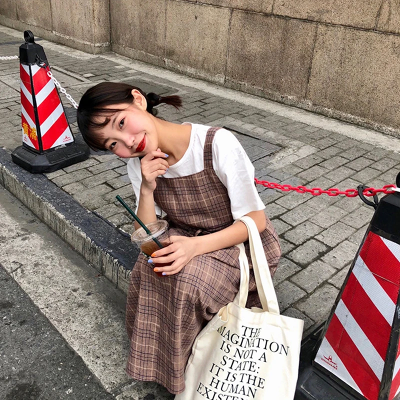 Японское летнее модное женское новое платье в клетку с круглым вырезом и поясом