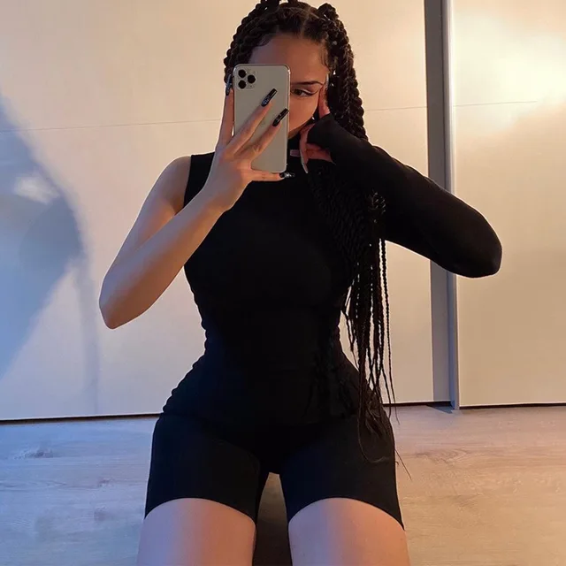 One Shoulder Long Sleeve Bodycon Playsuits Women Sporty Workout Casual Solid Skinny Brown Rompers Fashion Active Wear Autumn New 6
