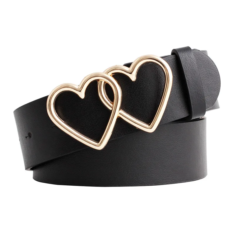 

Fashion Luxury Belts for Women Mental Love Leather high Quality Belt Alloy Double Ring Circle Heart-shaped Thin Belt Adjustable