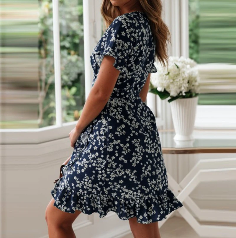 

2021 Summer Beach Women Dresses Sexy Casual V Neck Floral Printed Short Dresses Ruffle A Line Beach Dress Sundress Clothing