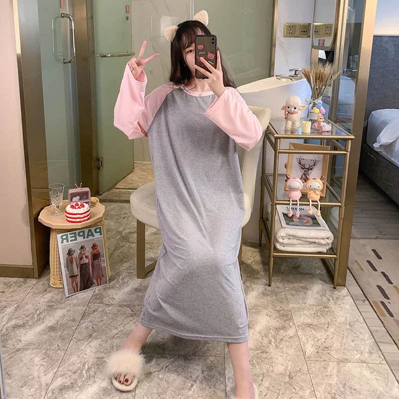 2021 Spring and Autumn New Long Sleeve Korean Fresh Nightdress Women's Casual Loose Pink Gray Pregnant Women's Long Home Wear