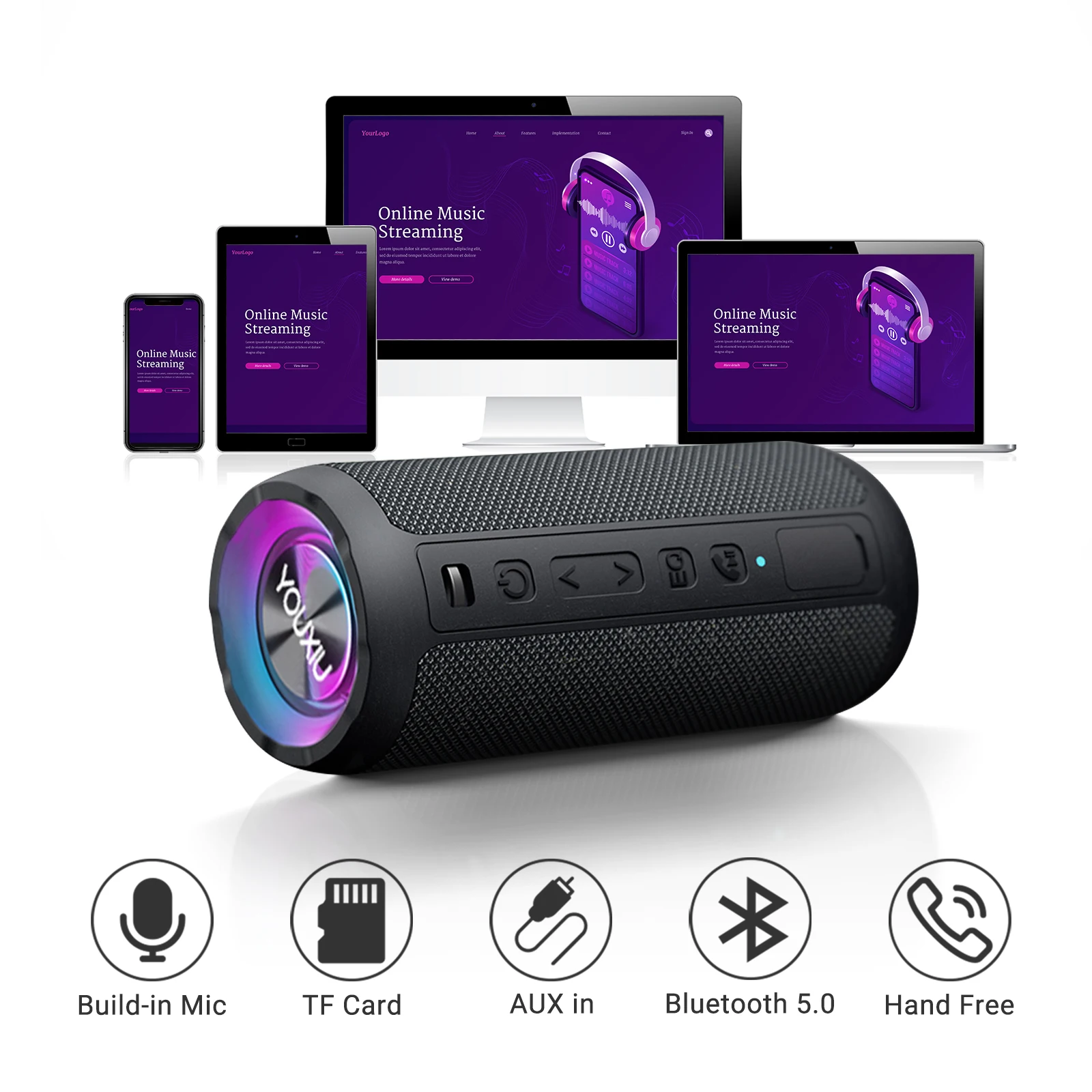 YOUXIU Portable Wireless Bluetooth Speaker 20W IPX7 Waterproof 20Hour Playtime Subwoofer TWS Stereo Surround Outdoor LoudSpeaker
