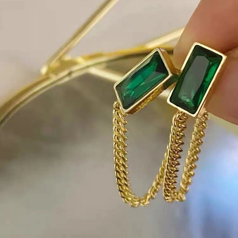 

Fashion Green Cubic Zirconia Chain Tassel Earrings For Women Unusual Earrings 2021 Trend Lady Party Wedding Vintage Jewelry Gift