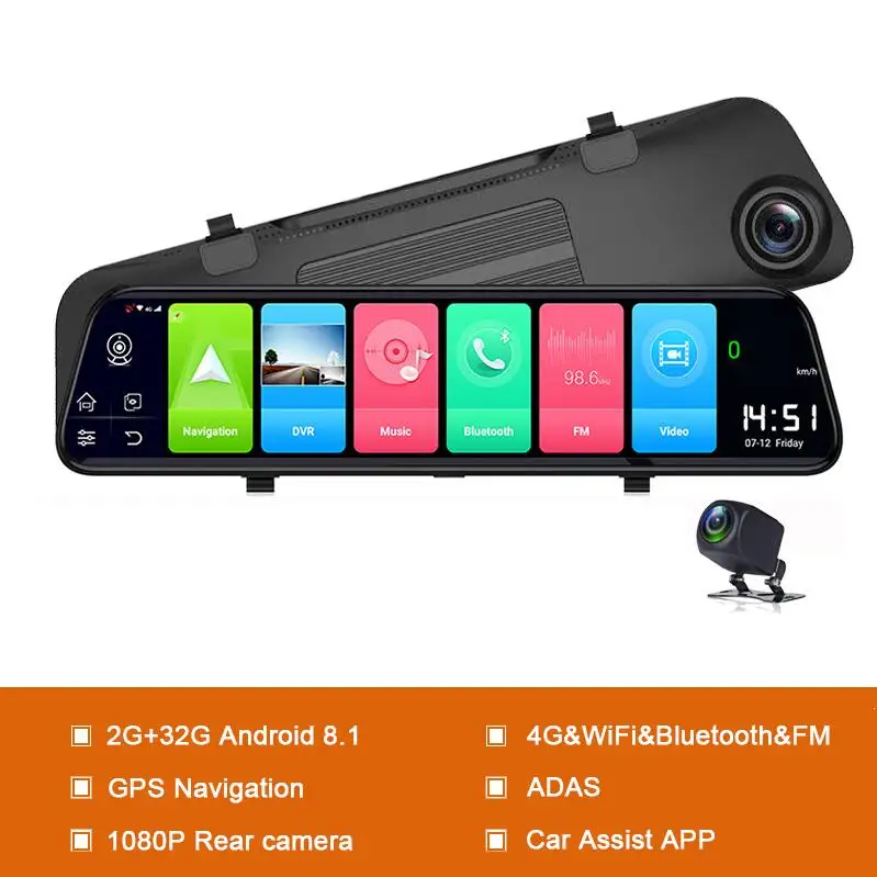 D50 with Powerbox 12 дюймов Android 8,1 Автомобильные видеорегистраторы Камера gps Bluetooth навигация FHD зеркало Регистраторы совместим с большим количеством приложения 4G, Wi-Fi, ADAS Dash cam - Название цвета: D50 with Powerbox