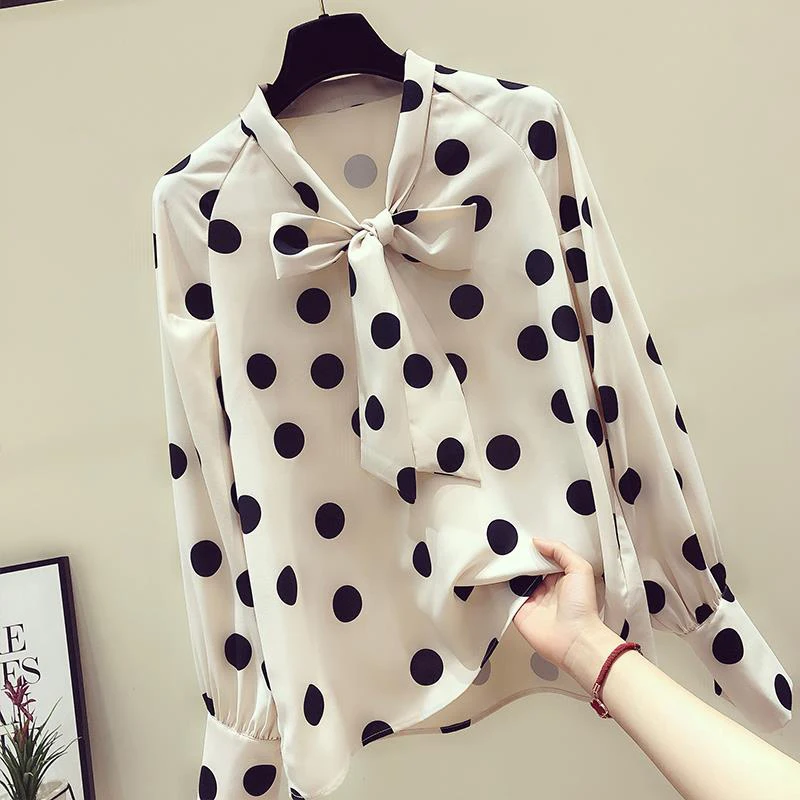 

Women Spring Autumn Style Chiffon Blouses Shirts Lady Casual Bow Tie Collar Polka Dot Printed Blusas Tops