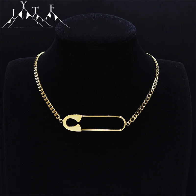 New Design Paper Clip Collarbone Stainless Steel Necklace Women Gold Color Safety Pin Pendant Necklace Jewelry joyeria NXH417S05