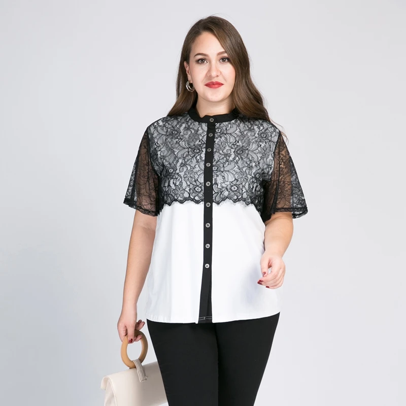 

Lace Stitching Stand Collar Women Shirts Retro Short Sleeve 2XL To 8XL Plus Size Women Tops and Blouses Casual Outerwear T2142