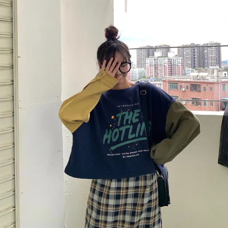 

new Spring autumn casual o-neck fashion brand tops pullovers crop top Women's Clothing long sleeve patchwork Sweatshirts Korean