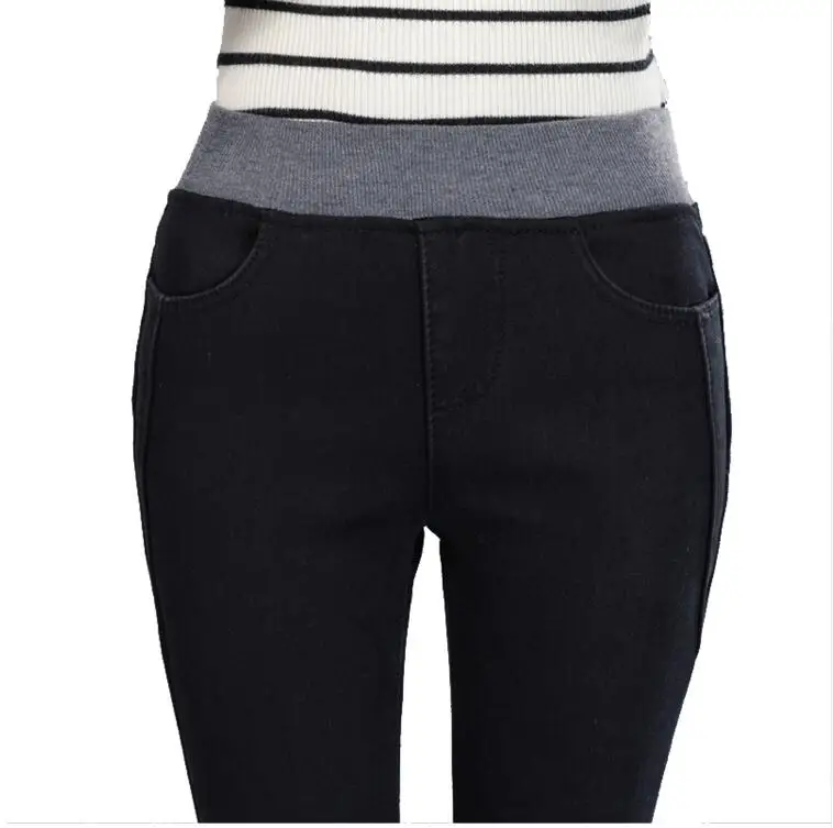 Кашемировые зимние теплые джинсы женские черные с высокой талией для девочек