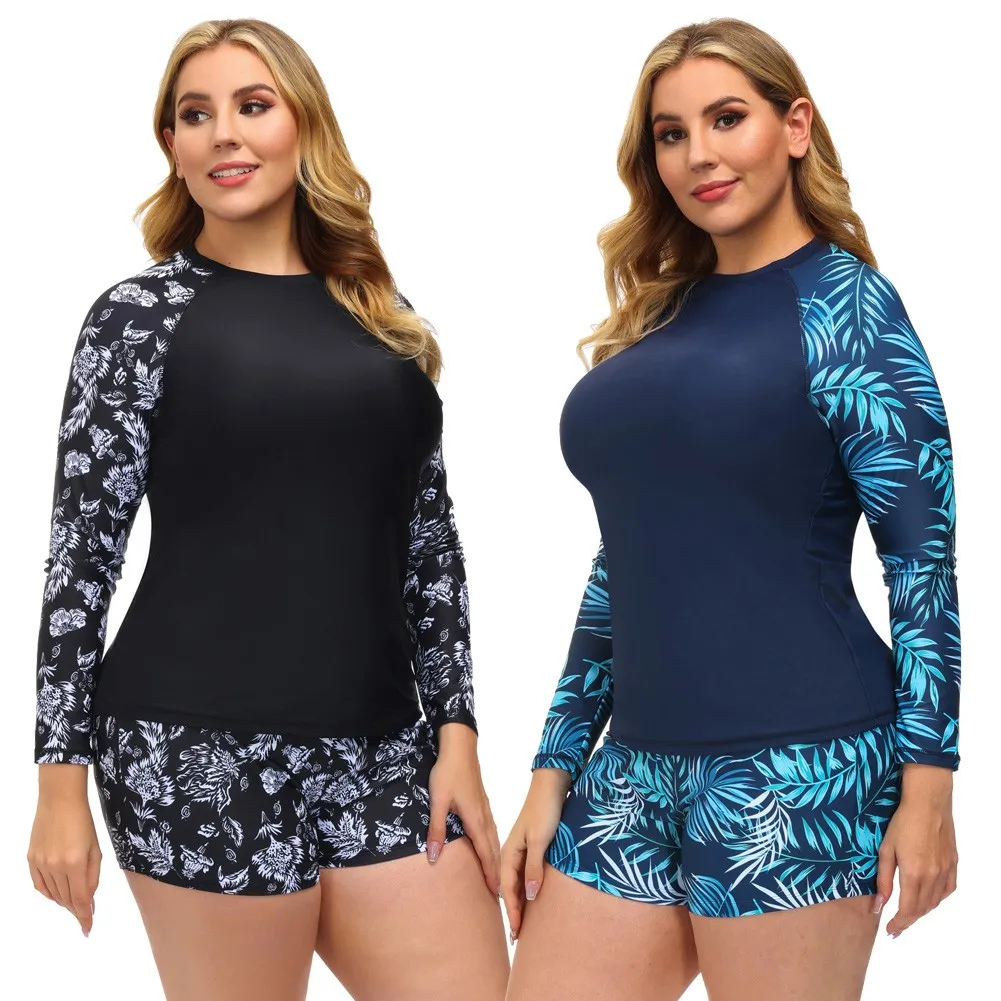 

HN Women Plus Size Summer Swimwear Surfing Bathing Suit Long Sleeve Crew Neck Padded Bodycon Tops+Shorts