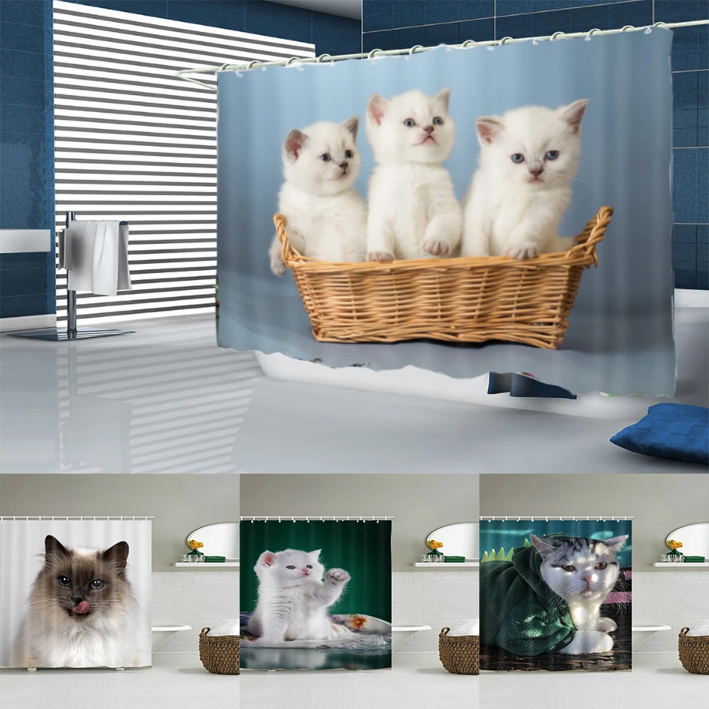 

Waterproof Thicken Polyester Shower Ccurtains 3D lucky Cat Bathroom Curtain With Hooks Animal Pattern Bath Curtains