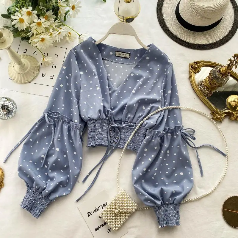 

Polka Dot Short Women Blouses and Tops Sexy V Neck Bandage Chic Puff Sleeve Shirts Spring Korean Women T Shirt Casual Girl Tops