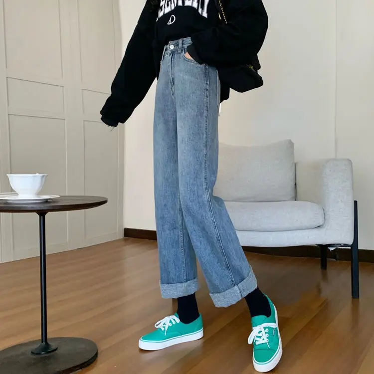 

New salt series ins high waist straight jeans women's spring and autumn Korean versatile loose and thin wide leg student pants