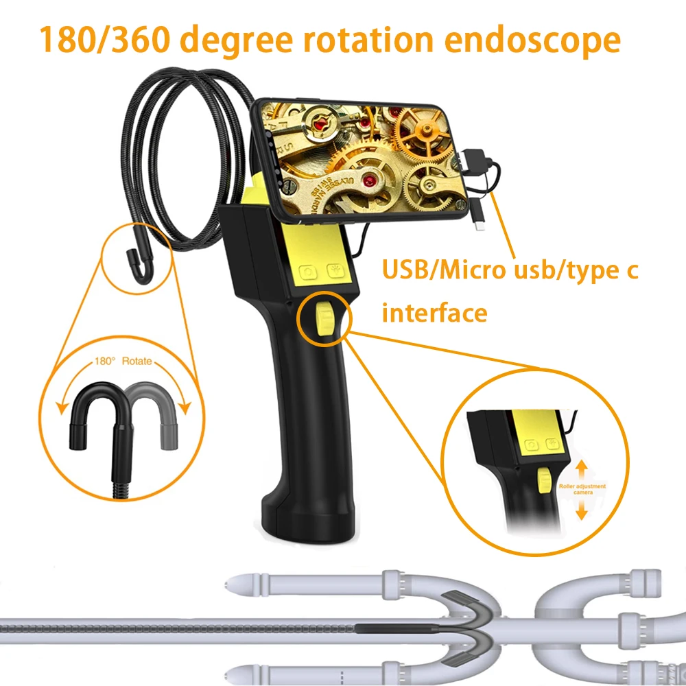 

360 Degree Rotation Endoscope Camera 720P Borescope 8mm USB Car Pipe Inspection Camera 2 Way Direction for PC Android Smartphone