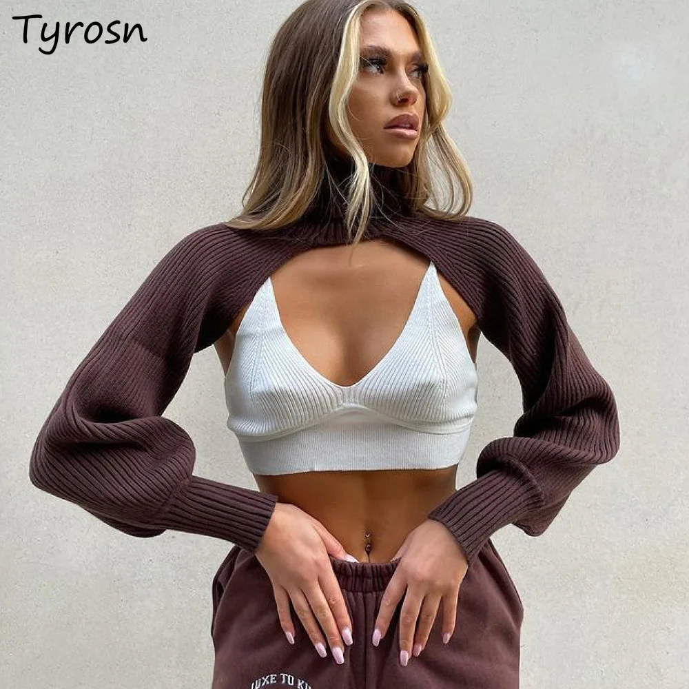 

Pullovers Women Design Streetwear Sexy Cropped Sweaters Mujer Solid Korean Fashion Turtleneck Long Lantern Sleeve Tops Knitted
