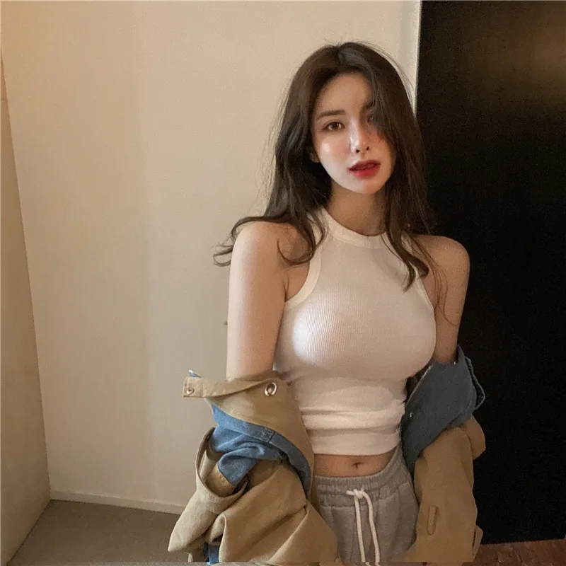 

Сексуальный спортивный жилет женский летний топ с лямкой на шее Черная майка без рукавов Футболка трикотажная внутренняя Базовая рубашка Ж...