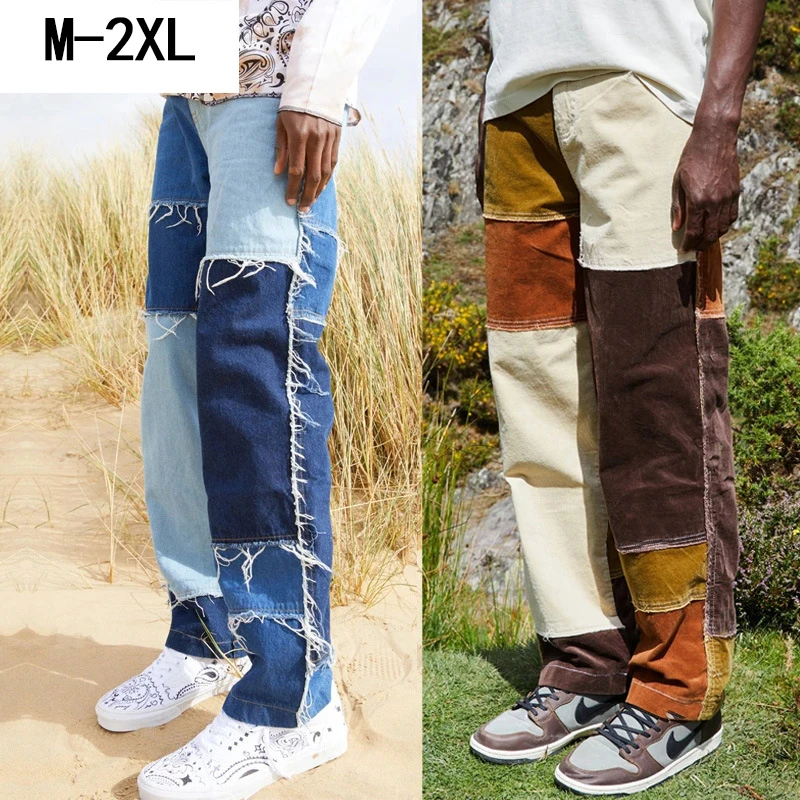Mens Denim Pants Casual Black Blue Skinny slim Fit Patchwork Denim Pants 2023 Biker Hip Hop Jeans for men with Loose Denim Pants