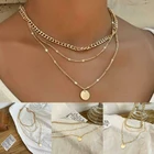 Многослойное ожерелье с круглой пластиной, украшение, сплав, кулон на шею, чокер, ювелирные изделия, подарок для женщин, золотой, NOV99