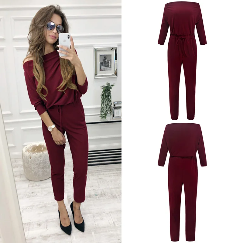 Элегантный весенне-осенний женский комбинезон с длинными рукавами поясом для