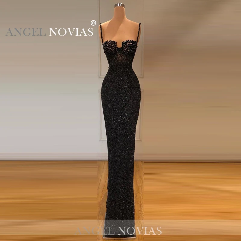 Облегающее черное блестящее вечернее платье 2020 с бретельками для женщин длина до