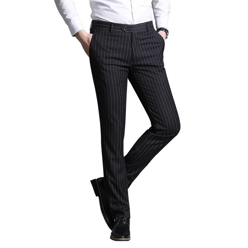 

Mens Streetwear Formal Dress Pants Men Fashion Pocket Side Office Trousers Men Stretch Striped Wedding Pant for Business Man