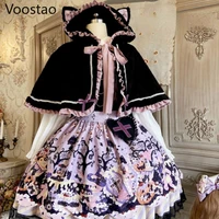 vintage gothic lolita jsk dress autumn sweet halloween cat ears plush hooded cloak strap dress girls harajuku tea party dresses