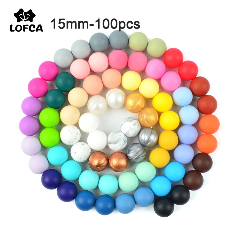 

LOFCA 15mm 100pcs Silicone Teething Beads Teether Baby Nursing Necklace Pacifier Clip Oral Care BPA Free Food Grade Colorful