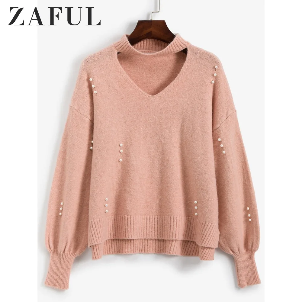 ZAFUL искусственный жемчуг Высокий Низкий щелевой свитер с чокером Роза Падение