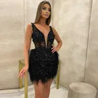 Вечернее платье выше колена, с бисером, с перьями, короткое, для выпускного вечера