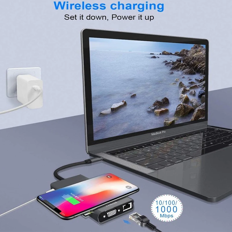 Basix USB Type C концентратор HDMI совместимый RJ45 беспроводной зарядки SD Card Reader сплиттер