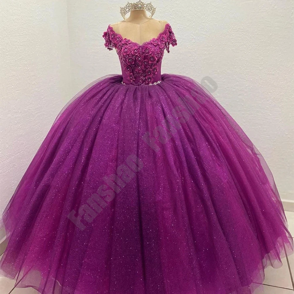

Fanshao wd825 Quinceanera Dress Off The Shoulder For 15 Girls Ball Gown Shiny Tulle Appliques Flowers Crystal Prom Vestido