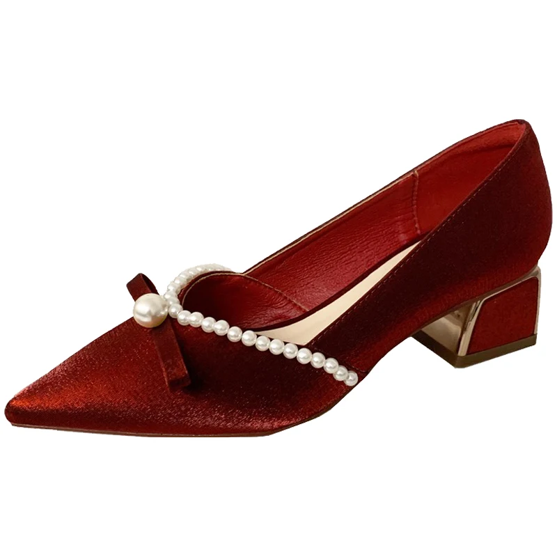 

Spring 2021 New Women's Pumps Versatile Pointed Pearl Red Wedding Shoes Bridesmaid Shoes High Heels Banquet Shoes Women Sandals